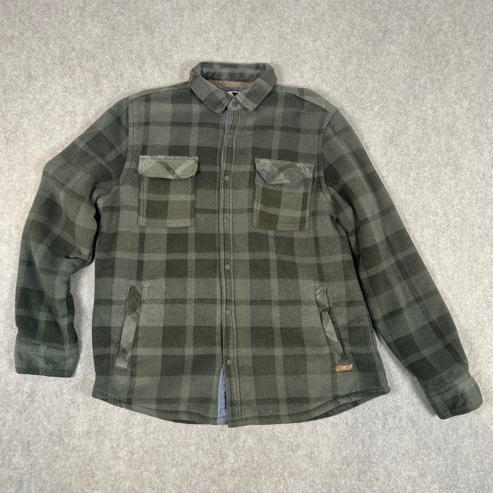 Voyager Fleece Shirt Jacket Mens Large Green Plaid Sherpa Lined Snap Front 0978